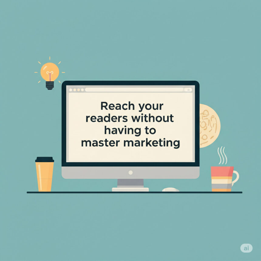 generate a blog post featured image with the tittle ''Reach your readers without having to master marketing
